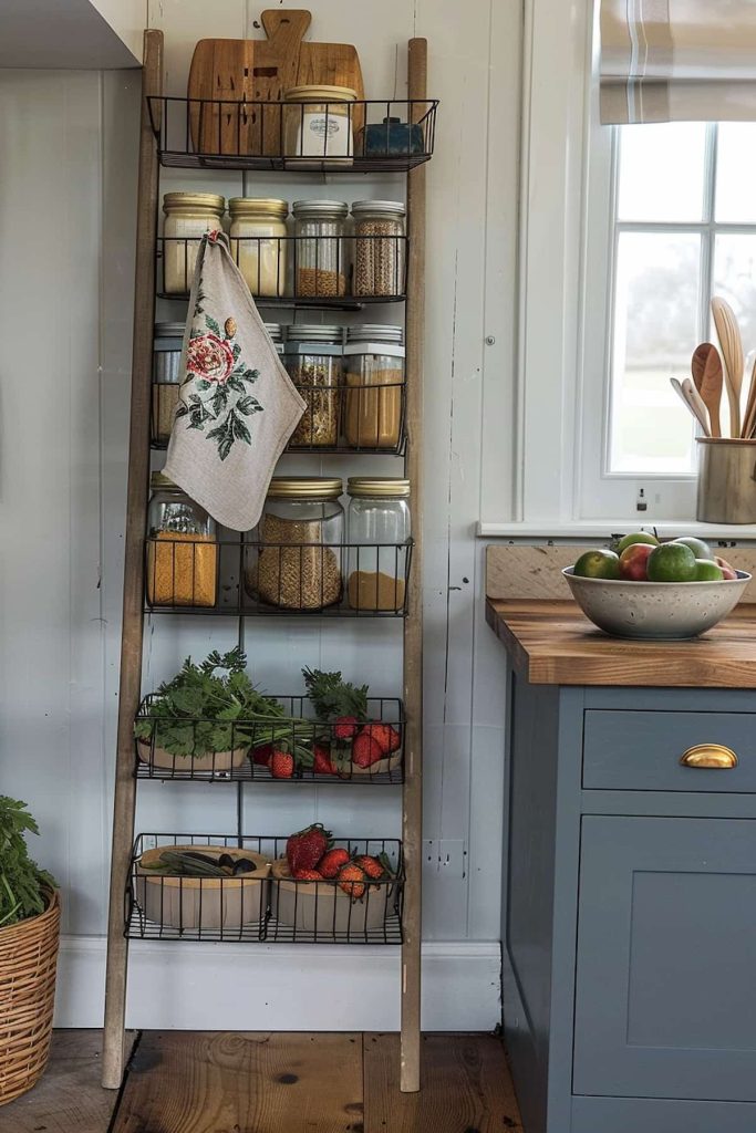 A conductor shelf against a white wall contains glasses with drywar and baskets with fresh products. A tea towel with a floral embroidery is draped on a shelf. On the right is a kitchen counter with a bowl of apples next to a window with a white shade.