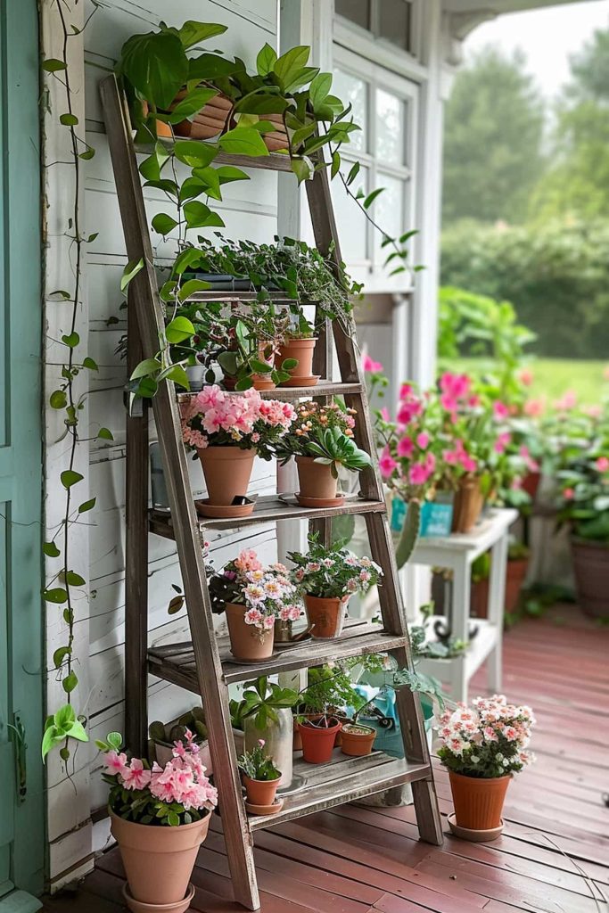 A wooden conductor shelf with lively potted plants on a veranda, surrounded by other flowers and back vines.