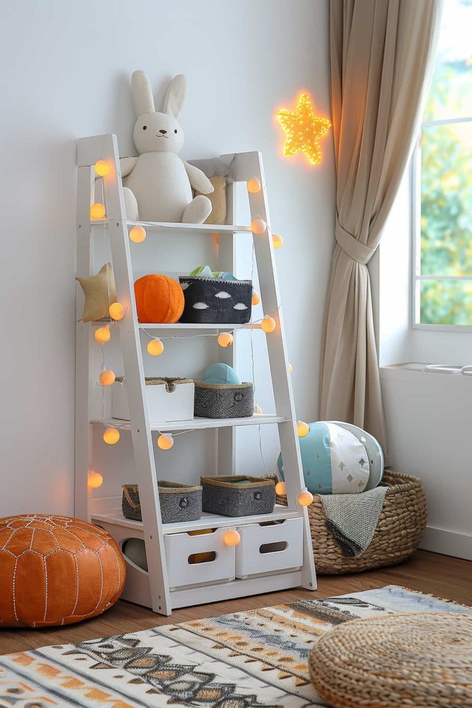 A children's room with conductor shelf, fairy light lights, toys, pillows and a window with curtains. Next to the lower left there is an orange circular leather pillow, on the lower right there is a wooden basket with a colorful circular pillow. There is a bright LED star on the upper right side and there is a patterned carpet on the floor. There is also and a window with beige curtains.