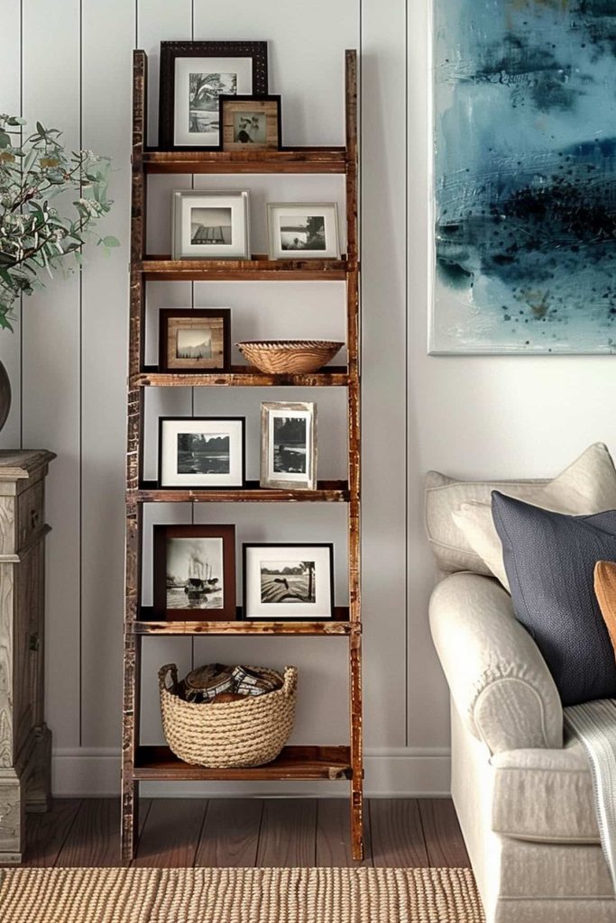 A living room has a wooden guide shelf with framed photos, a basket and small decorative objects. To the left is a small closet with a potted plant, and on the right is a light sofa with dark and light pillows under a large blue abstract painting.