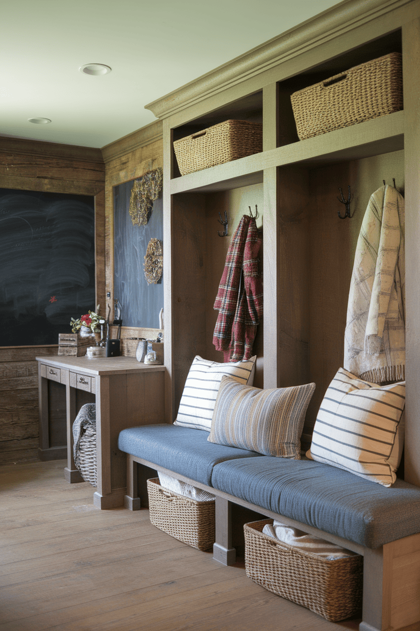 Cozy seating area with a bench, pillow and baskets for storage.