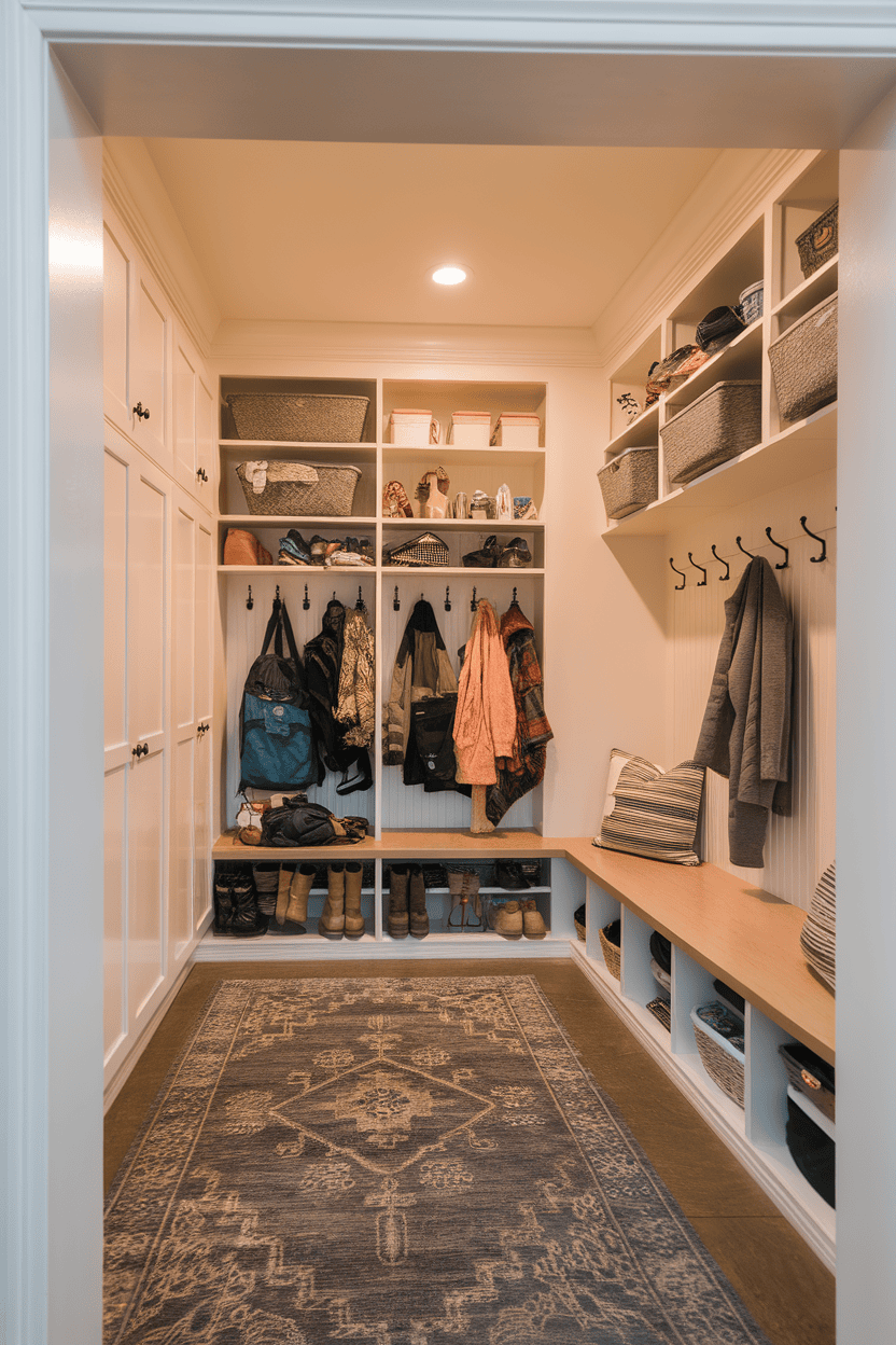 A well -organized mud room with built -in cupboards and shelves