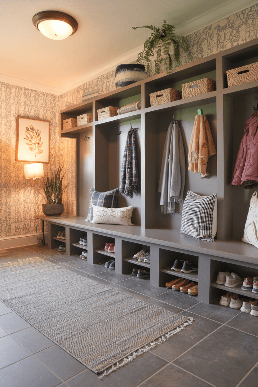 A well -organized mudroom with hooks for coats, a bench for sitting and storing shoes.