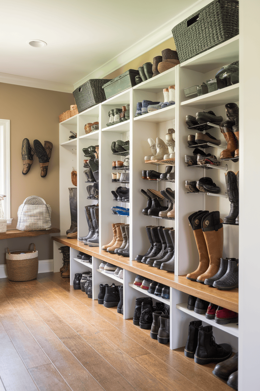 A well -organized cabinet with shelves with different shoes and boots as well as storage baskets.