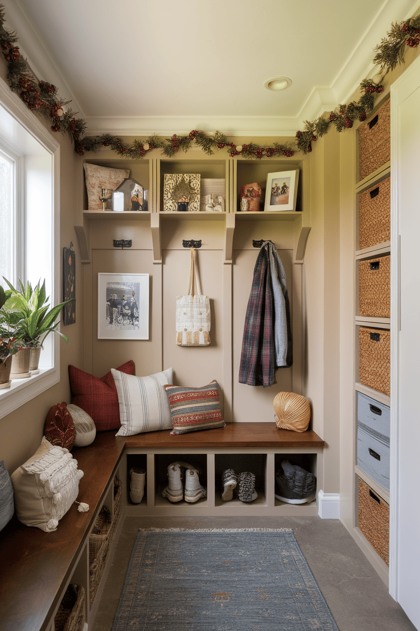 Cozy entrance with seasonal decor, including hats, blankets and pillows