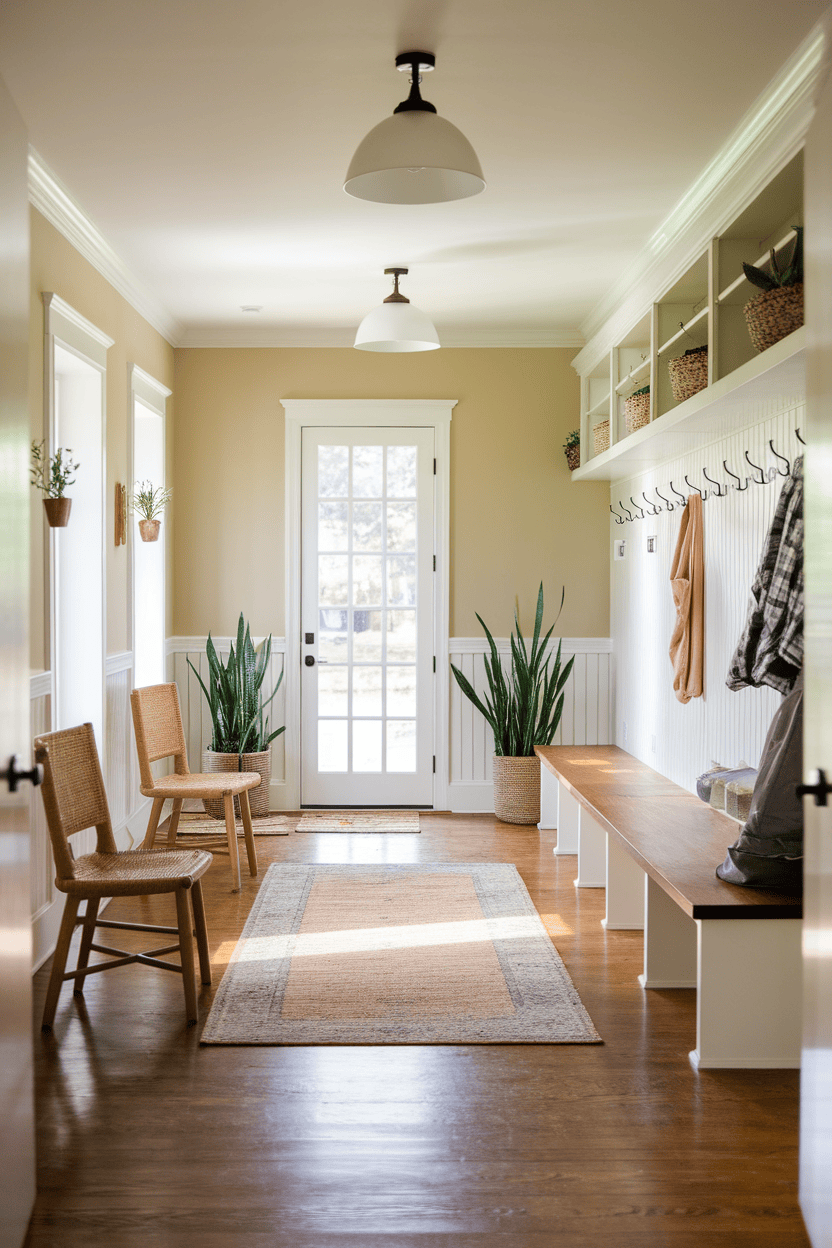 A bright and inviting input with plants, seating and natural light.