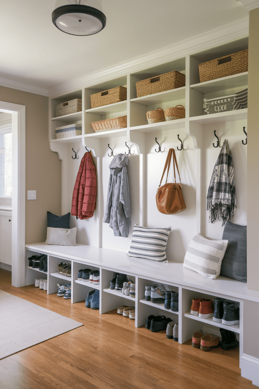 A well -organized mudroom with hooks, shelves and a bank with storage for shoes.