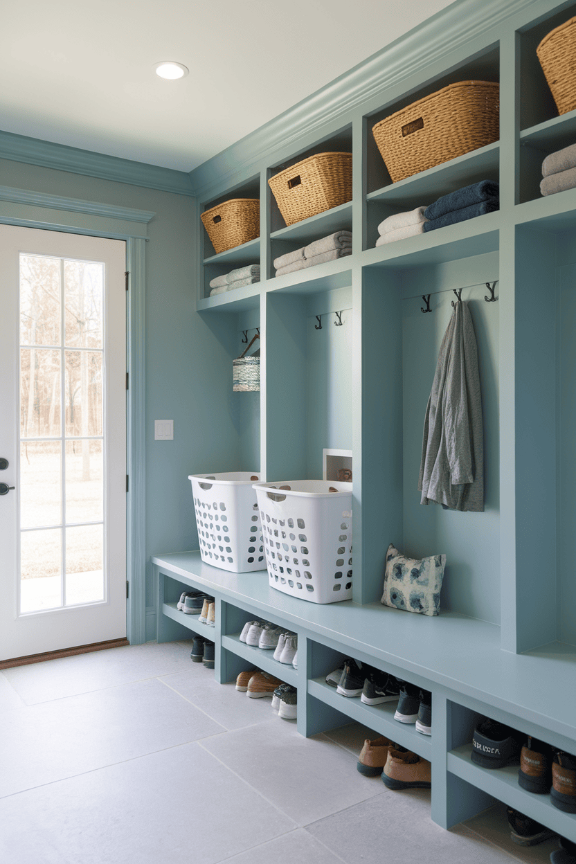 A comfortable washroom with organized shelves, baskets and a cozy seating area.