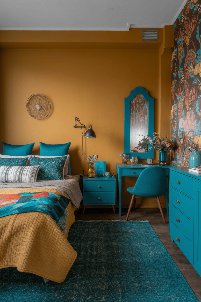 A cozy bedroom with a mustard yellow accent wall, blue -green furniture and colorful bed linen.