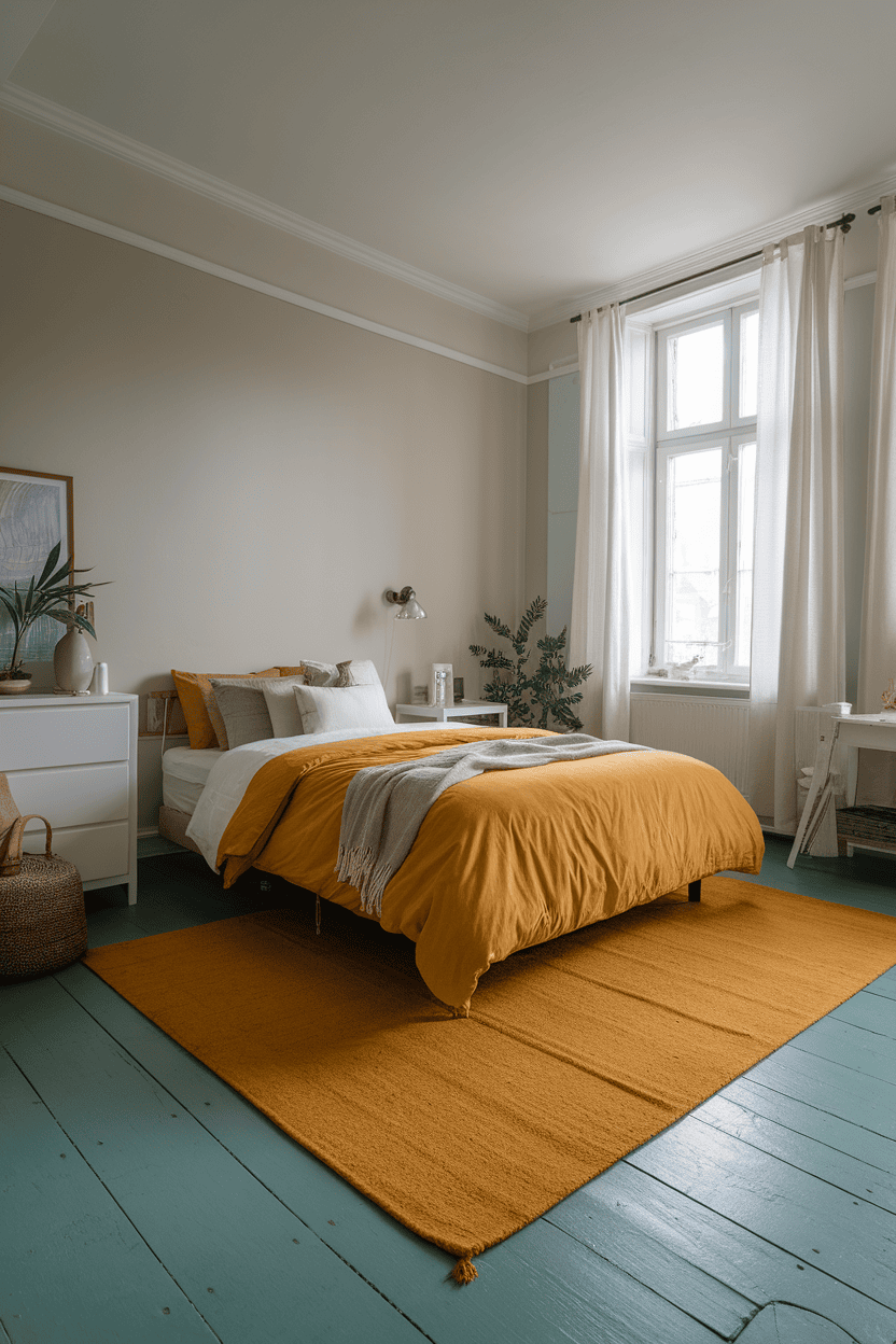 A cozy bedroom with a mustard -yellow carpet on blue -green wooden floors with a bed with mustard and gray bed linen.