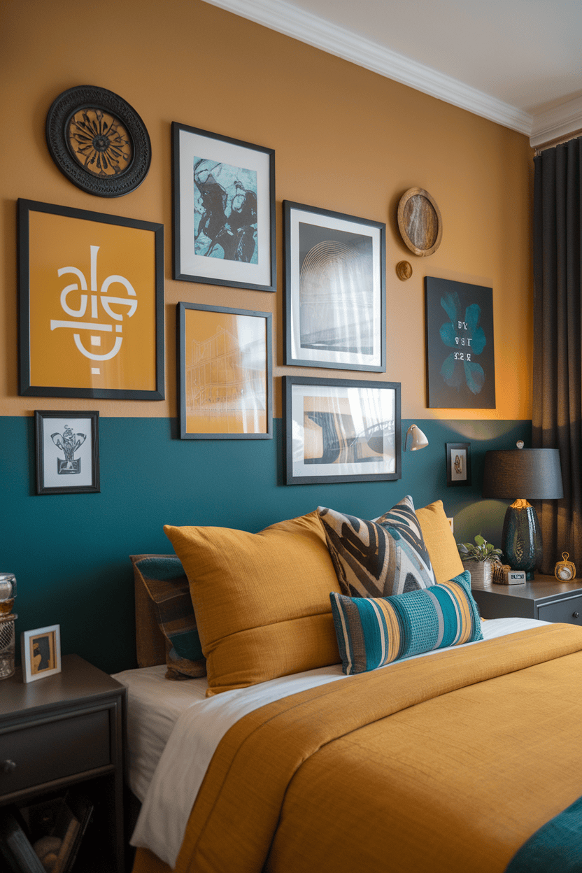 A gallery wall with mustard yellow and blue -green colors with various framed works of art.