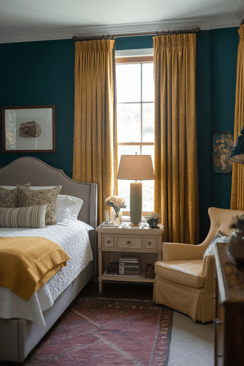 A cozy room with mave yellow curtains against blue -green walls, a neatly manufactured bed and a warm lamp on a bedside table.