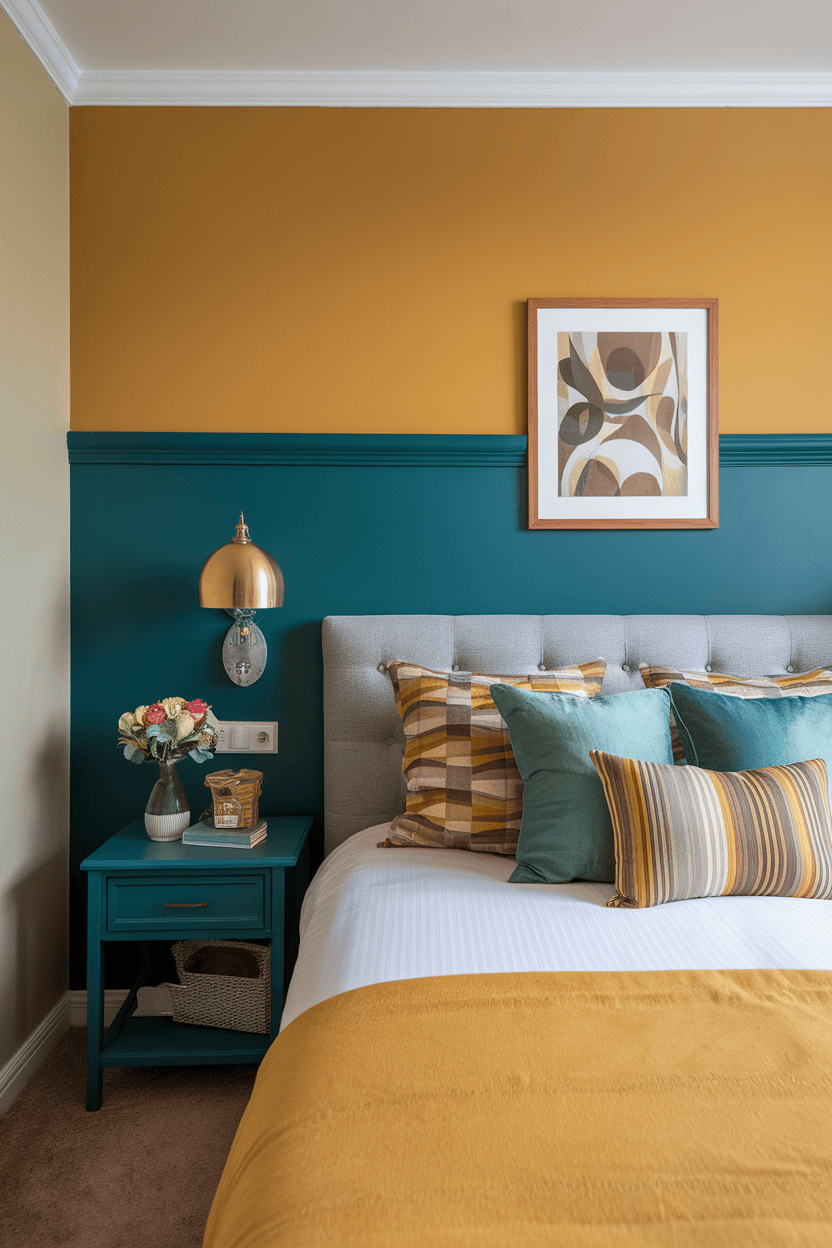 A stylish bedroom with mustard yellow and blue -green accents with decorative pillows and a night lamp.