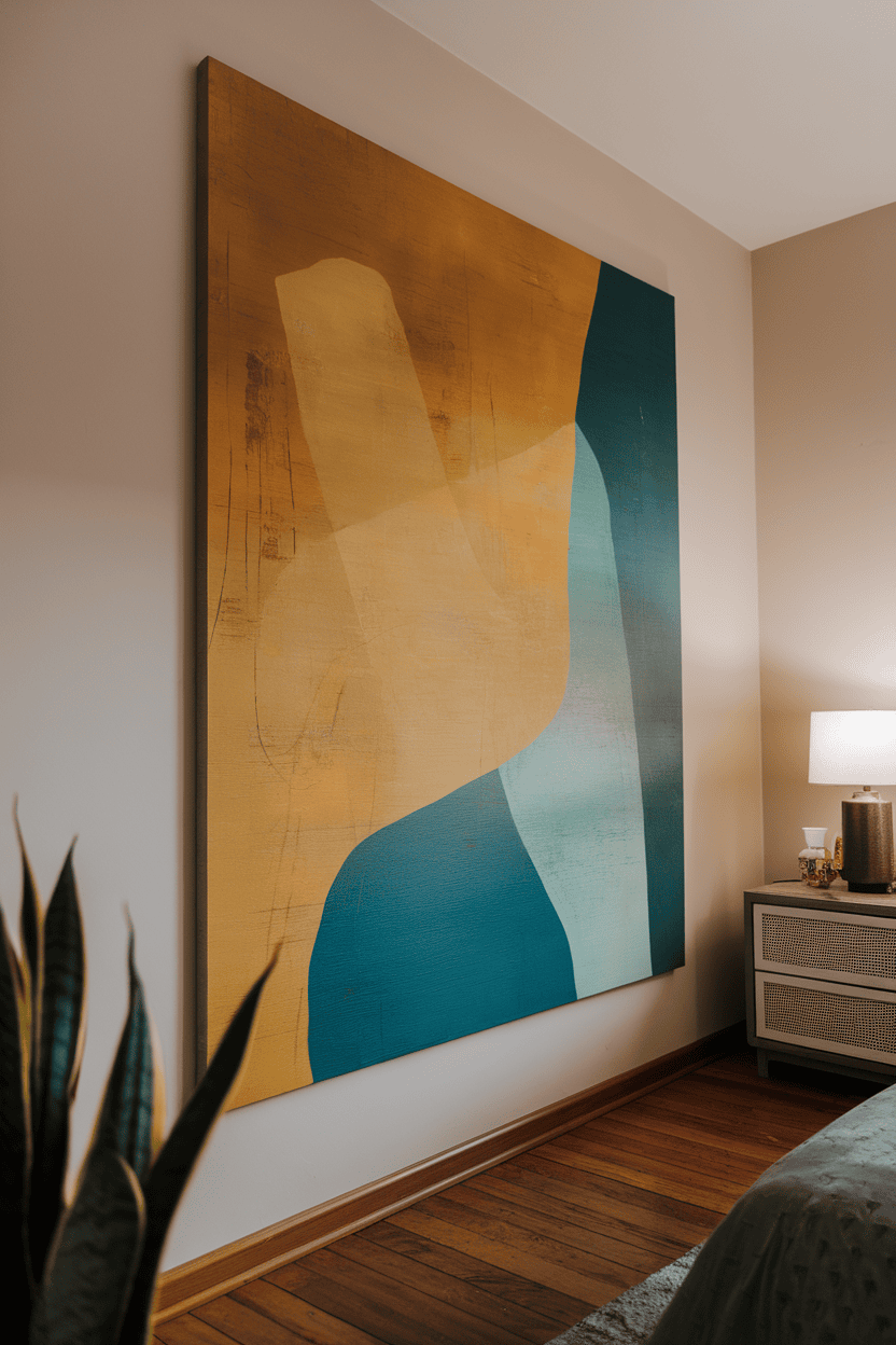 Wall art with a tree design in mustard and blue -green colors