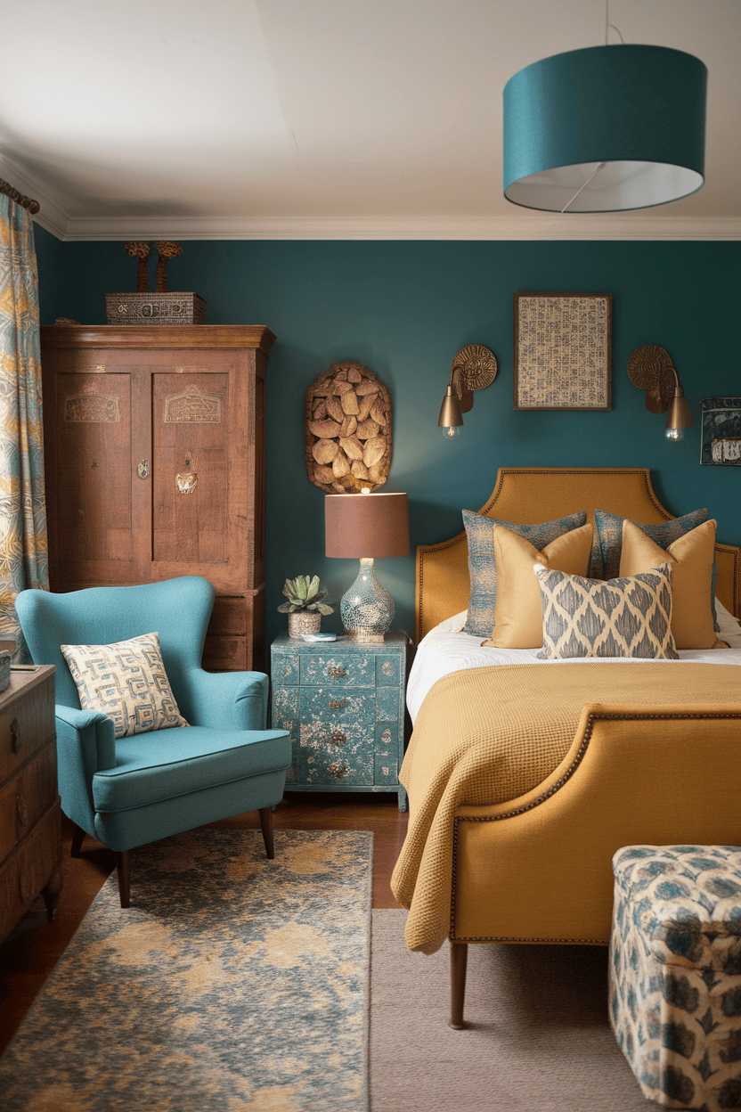 A stylish bedroom with a mustard and blue-green color palette with cozy furniture.