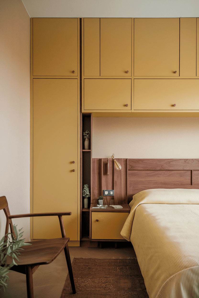 A cozy bedroom with yellow cupboards and bed linen next to wooden furniture and earthy tones.