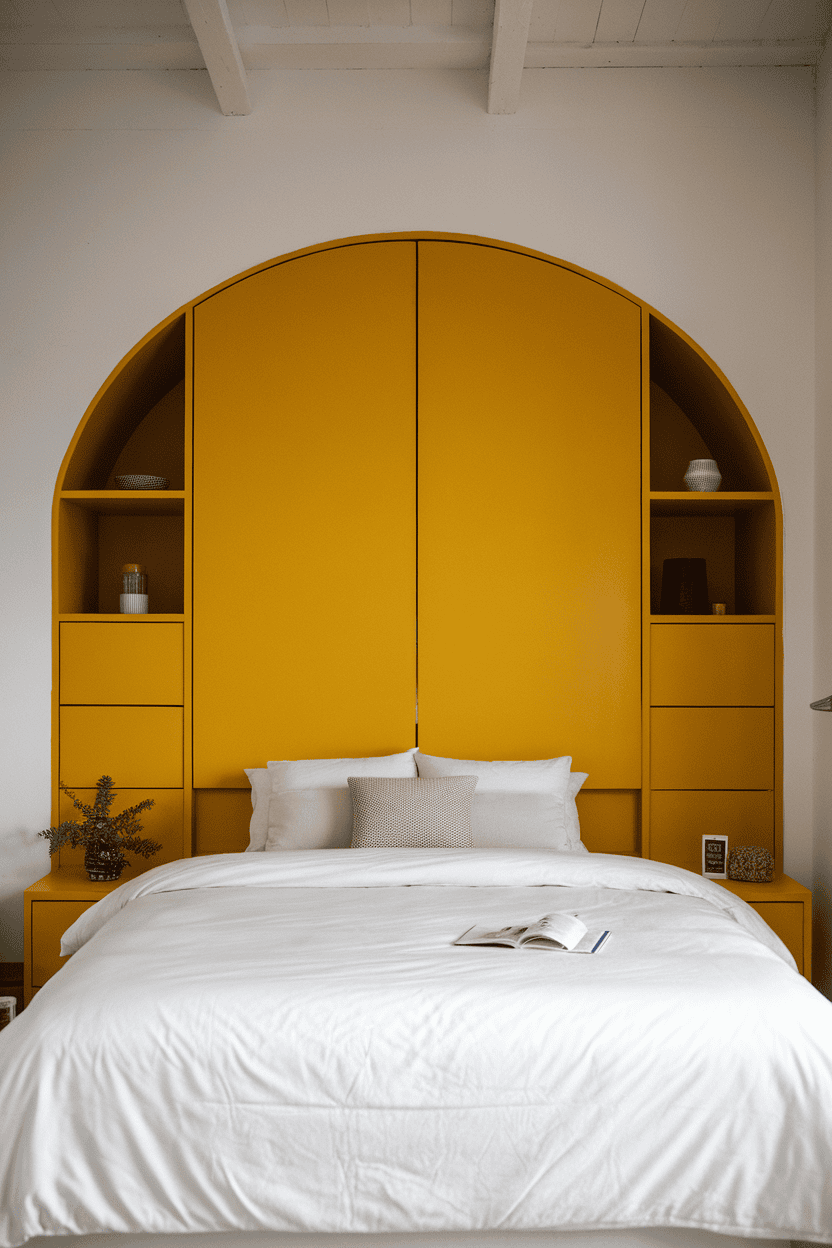 A minimalist bedroom with a bright yellow headboard with shelves, white bed linen and modern design.