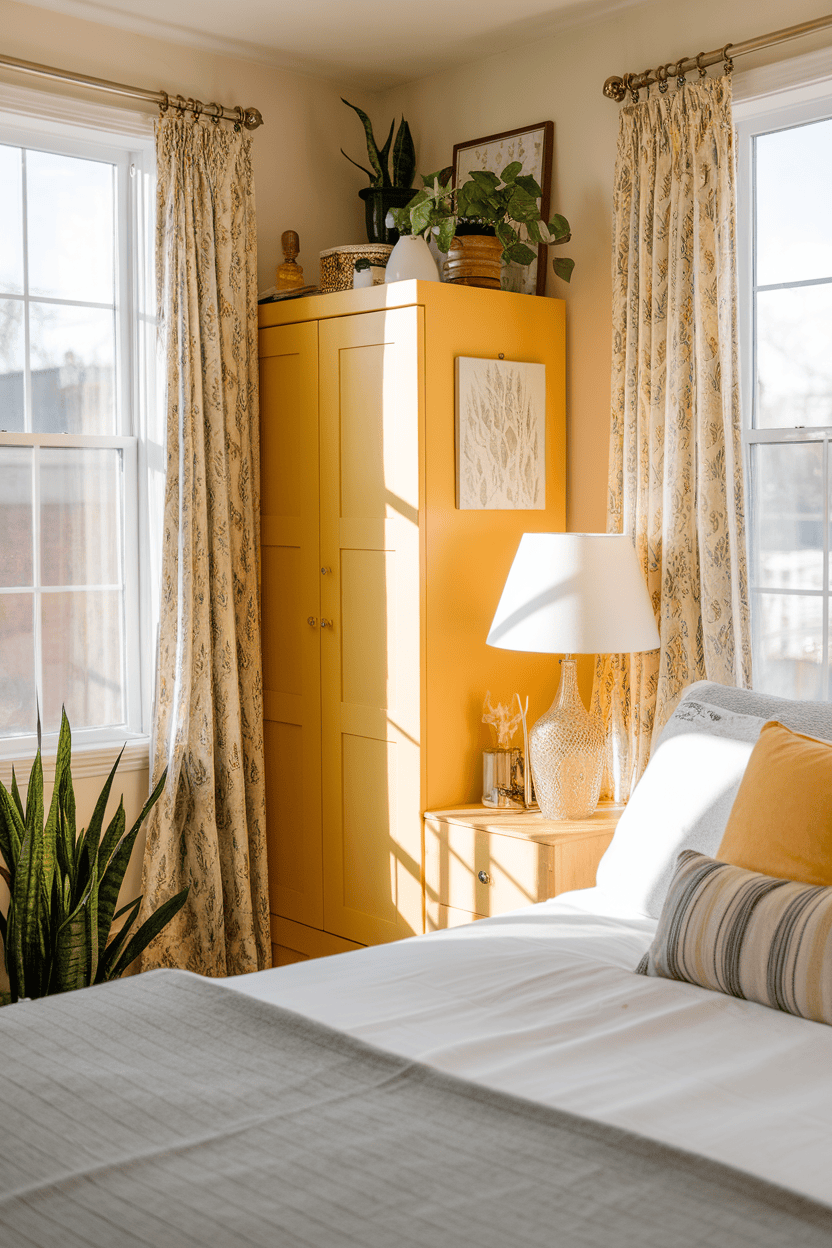 A bright room with yellow furniture and decorative elements.