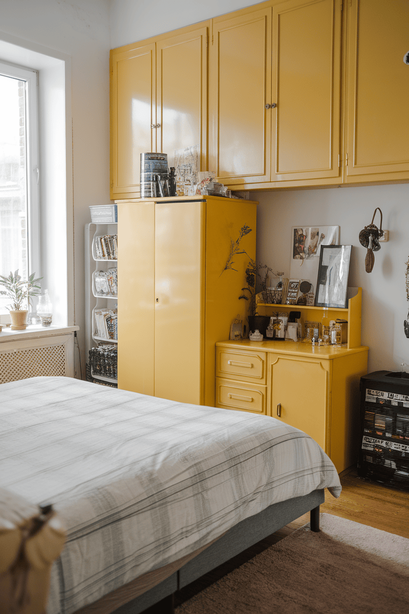 A cozy bedroom with yellow warehouses and a decent bed