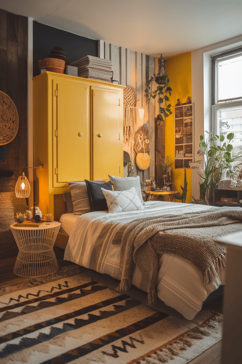 Cozy bedroom with yellow closet and layered textures.