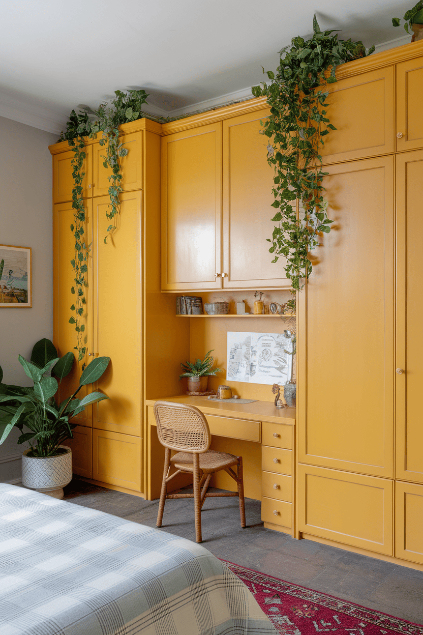 A room with yellow cupboards and desk that is decorated with green and creates an inviting atmosphere.