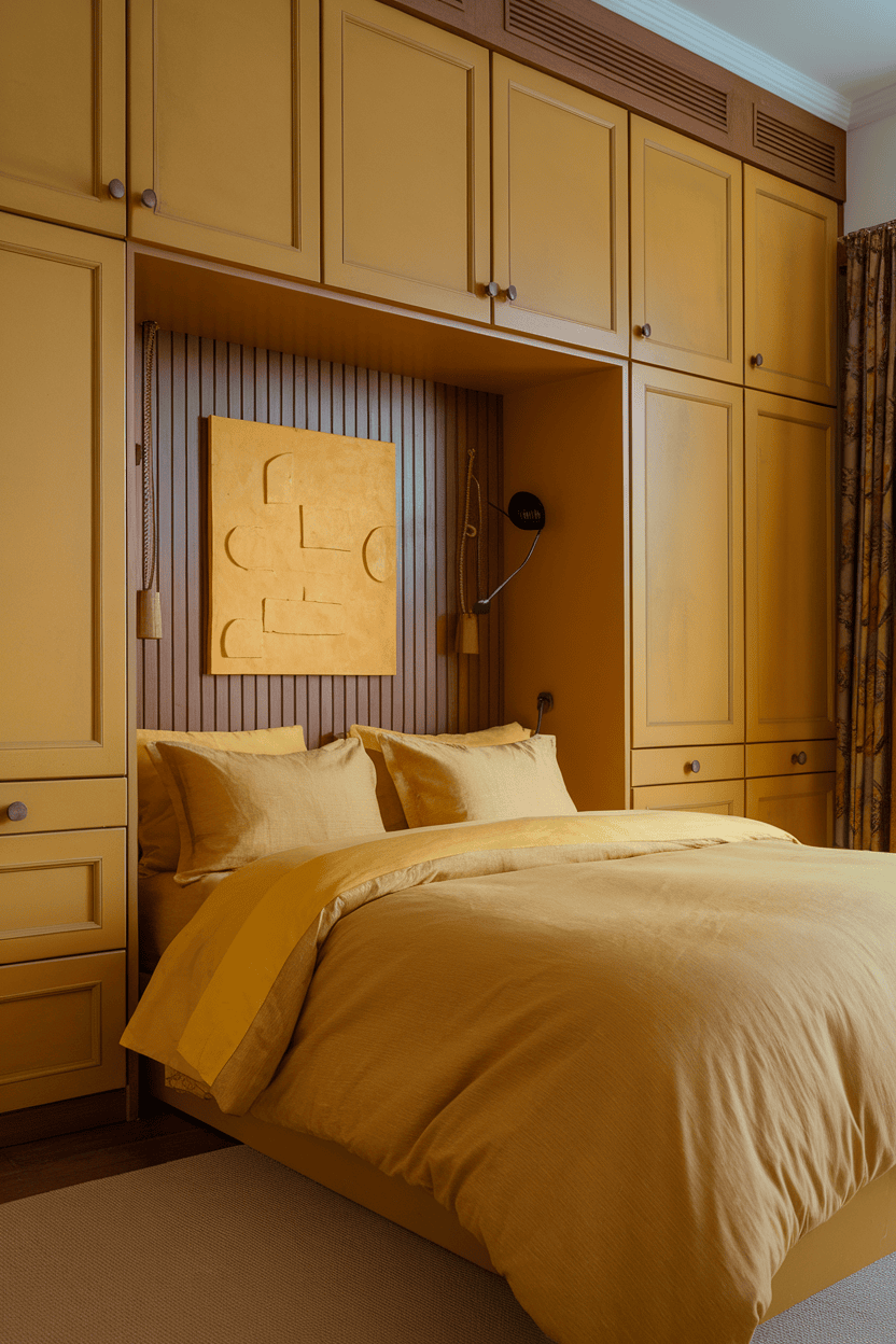 A cozy bedroom with different yellow tones on walls, bed linen and decor.