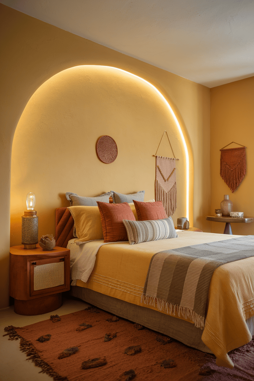 A cozy bedroom with warm yellow accent walls with a stylish bed and decorative elements.