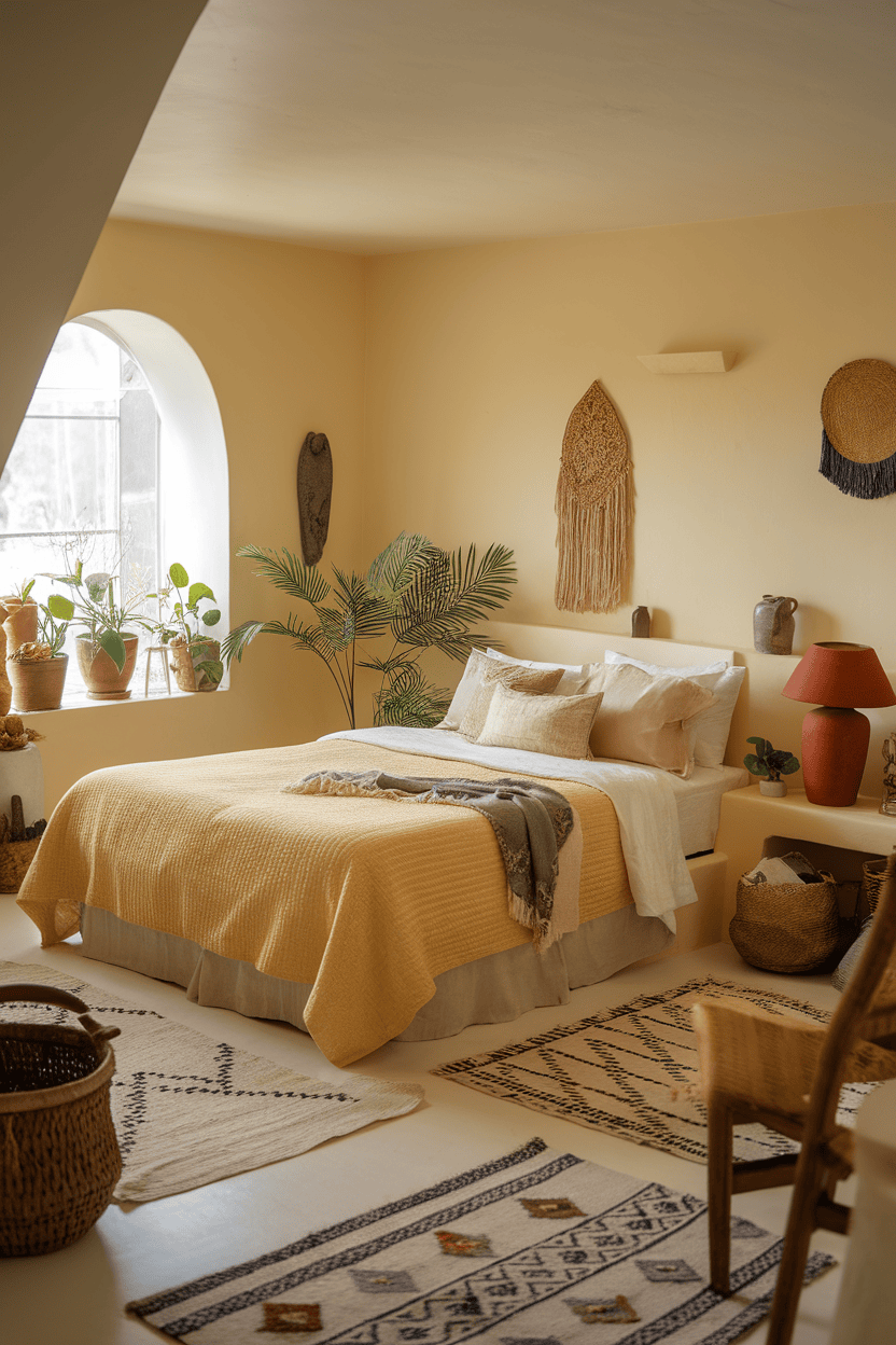 A cozy bedroom with plants, a bed with a yellow linen and warm decorative elements.