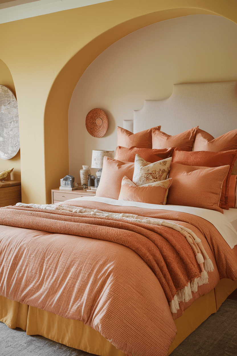 A cozy bedroom with terracotta beds and decorative pillows.