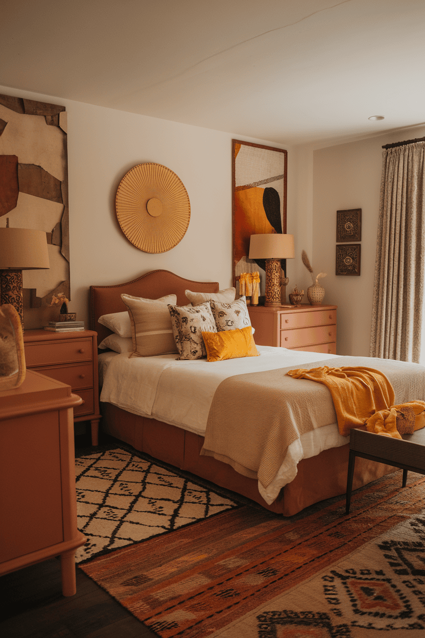 A cozy bedroom with terracotta furniture, warm lighting and decorative pillows.