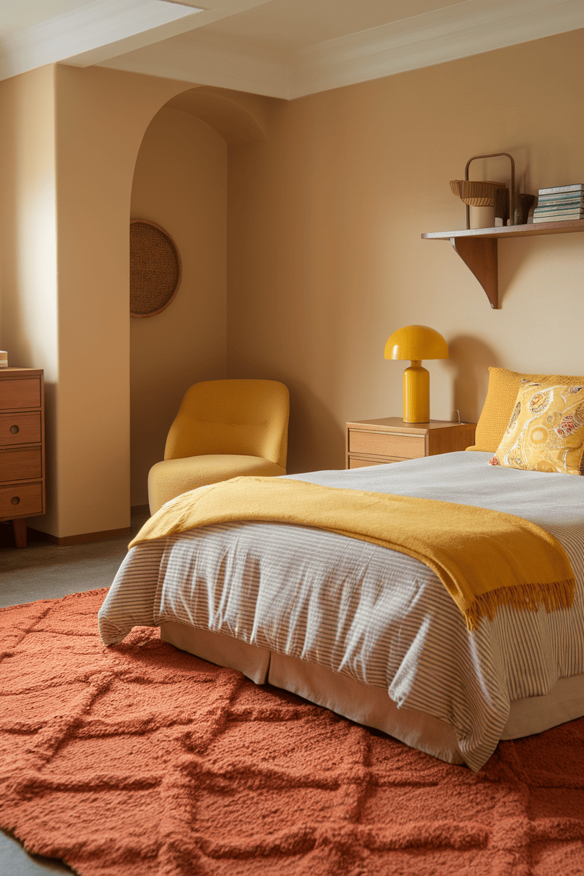 A cozy bedroom with an orange carpet, yellow accents and earthy tones.