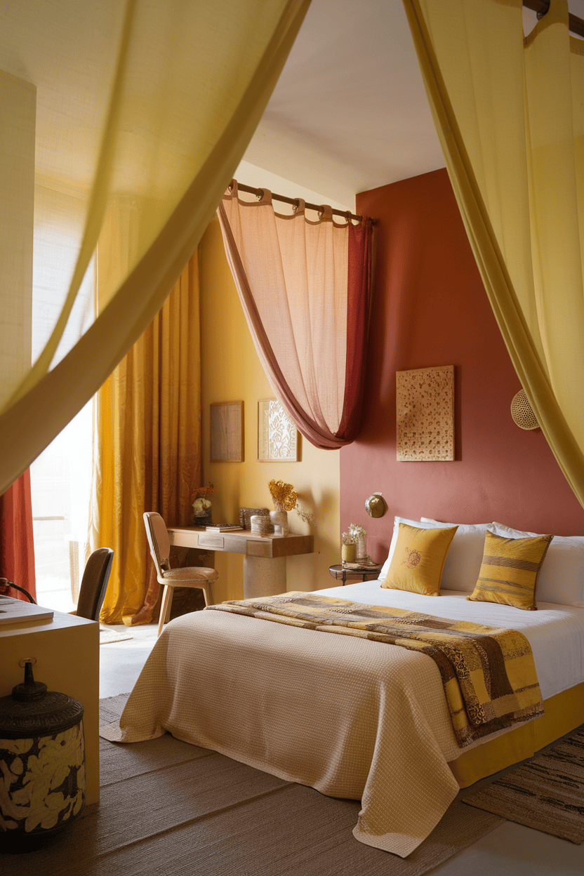 Cozy bedroom with layered curtains in warm colors and a minimalist design.