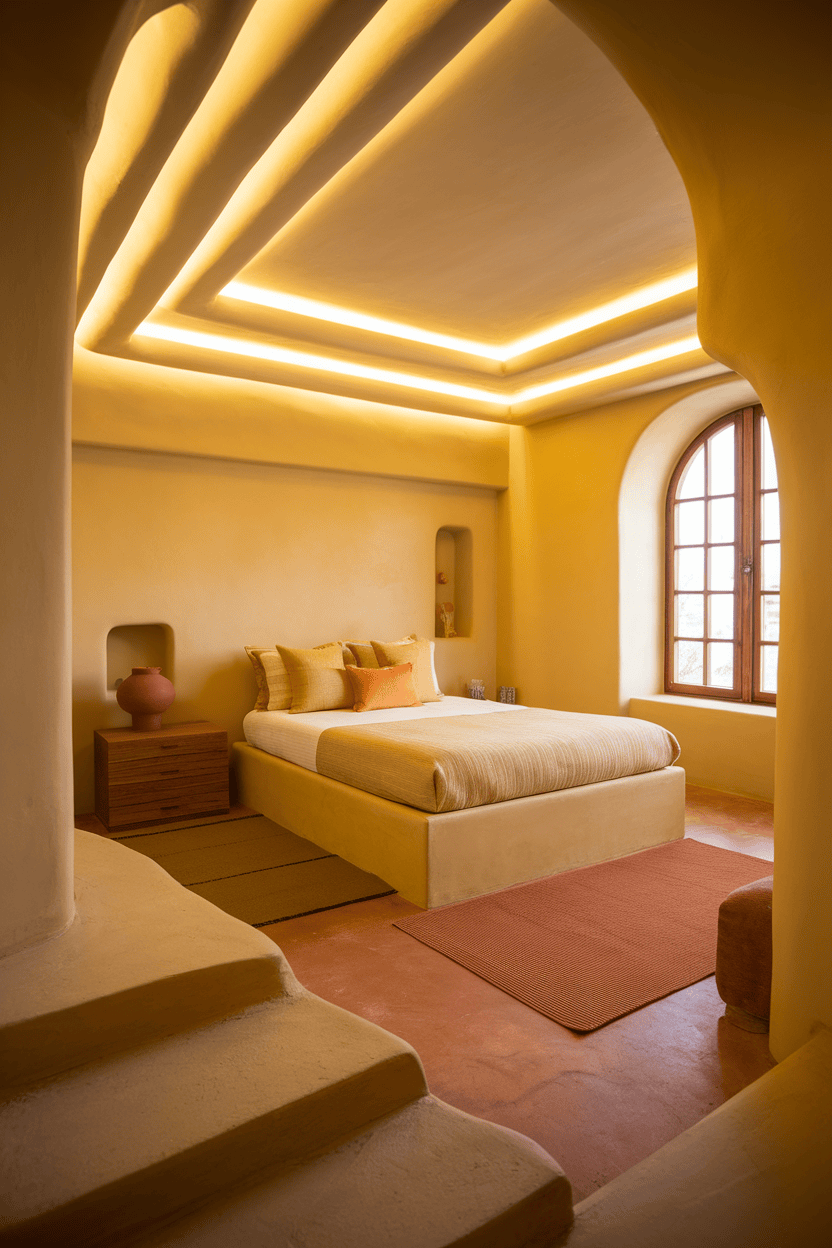 A cozy bedroom with warm, layered lighting with an inviting design.