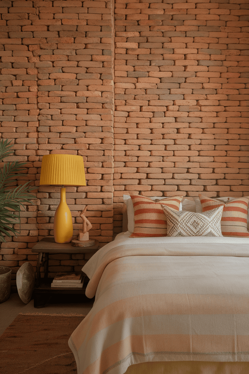 A cozy bedroom with yellow lamp, brick wall and decorative pillows.