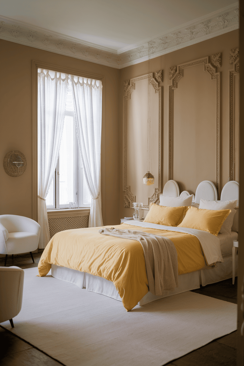 A beautifully designed bedroom with yellow bed linen, white accents and elegant decor.