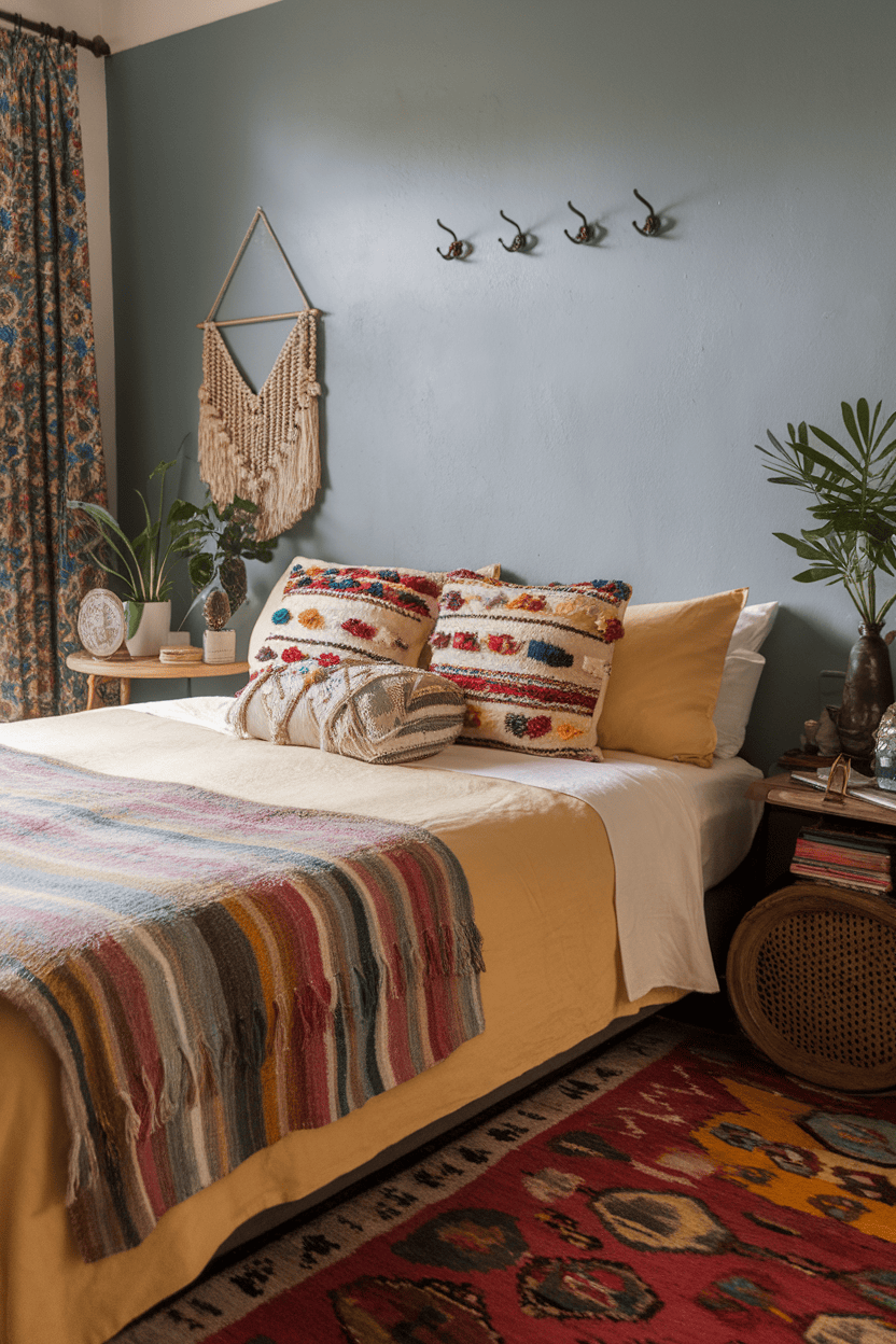 A cozy Bohemian bedroom with yellow accents, colorful pillows and a lively carpet.