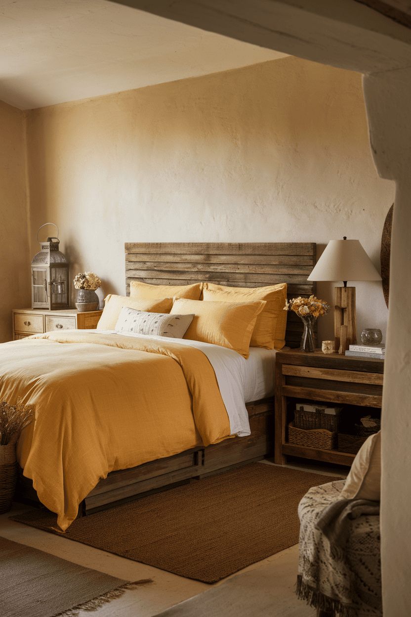 Cozy farmhouse bedroom with yellow bed linen and rustic decor