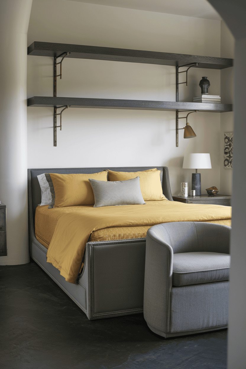 A modern bedroom with yellow bed linen and gray furniture.