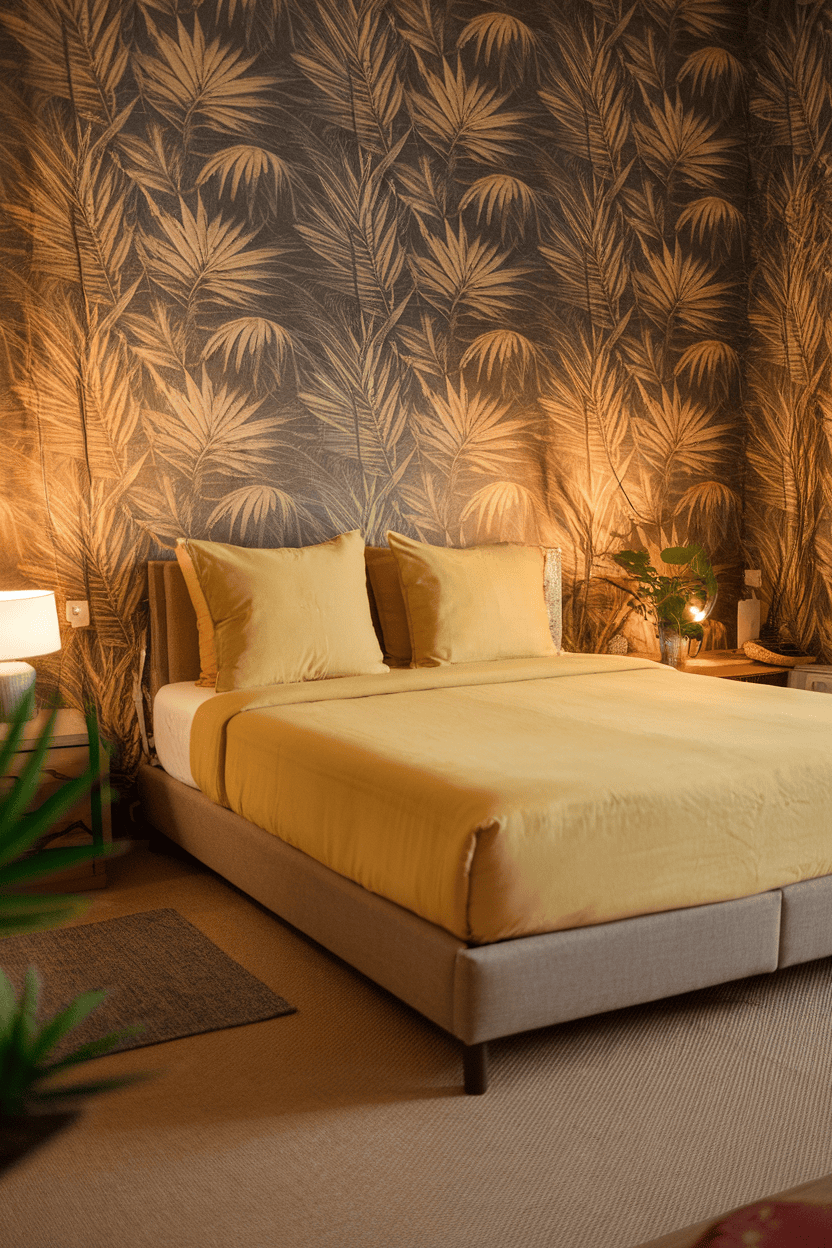 Cozy bedroom with yellow bed linen and palm leaf wallpaper