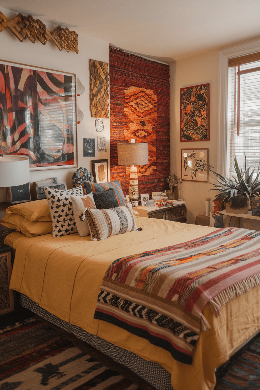 A cozy bedroom with a mixture of colorful patterns on the bed, walls and decor.