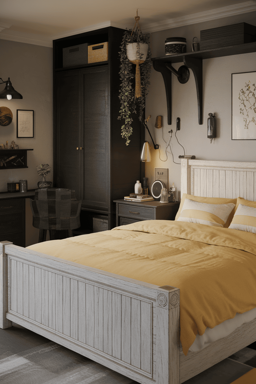 A cozy bedroom with light yellow bed linen, dark furniture and green.