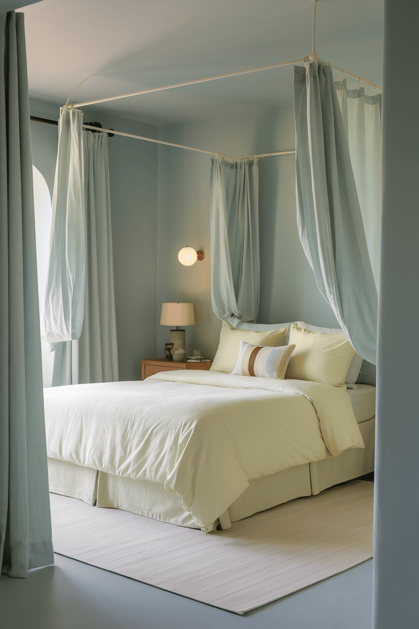 A quiet bedroom with soft yellow bed linen and blue curtains that radiate a calming atmosphere.