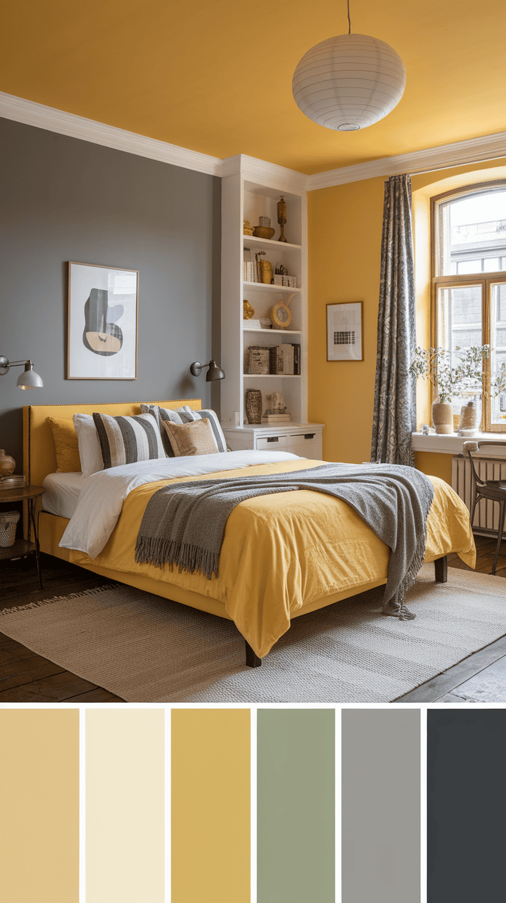 A bedroom with a yellow and gray color palette with a cozy bed and a stylish decor.