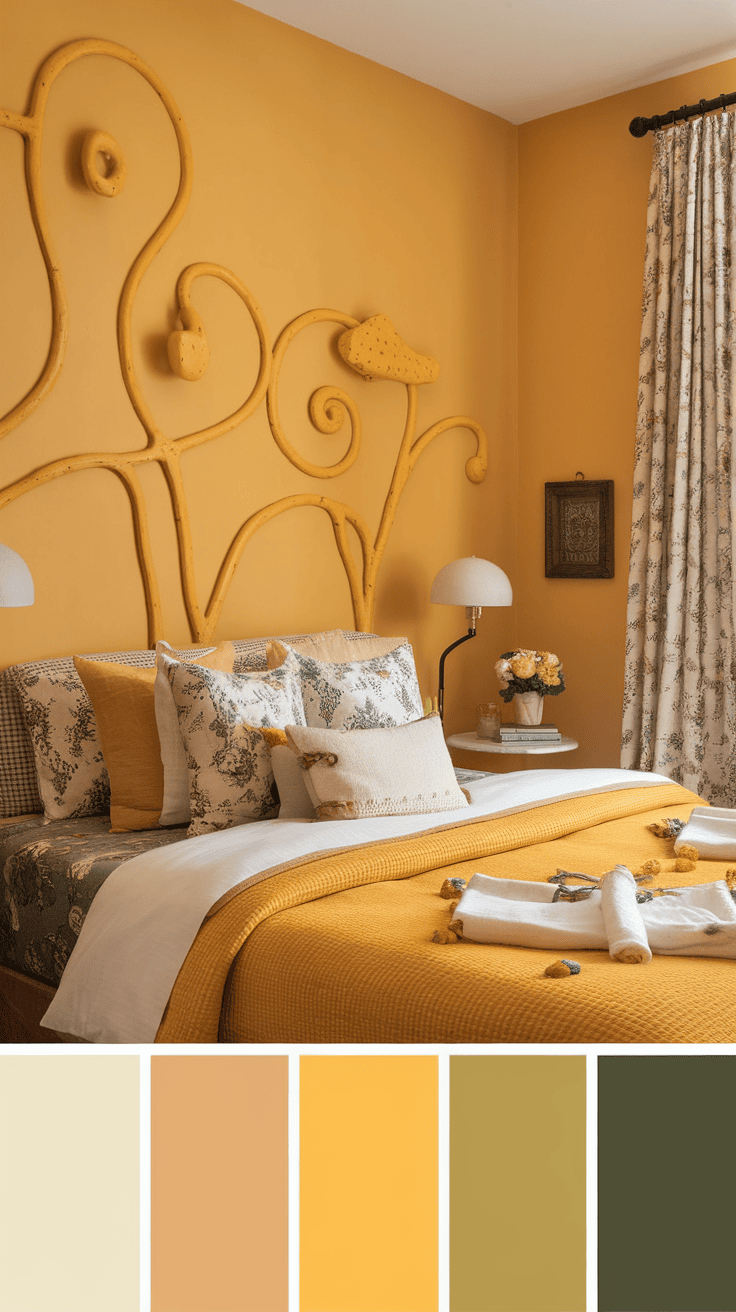 A cozy bedroom with bizarre yellow wall art with yellow wall and decorative pillows.