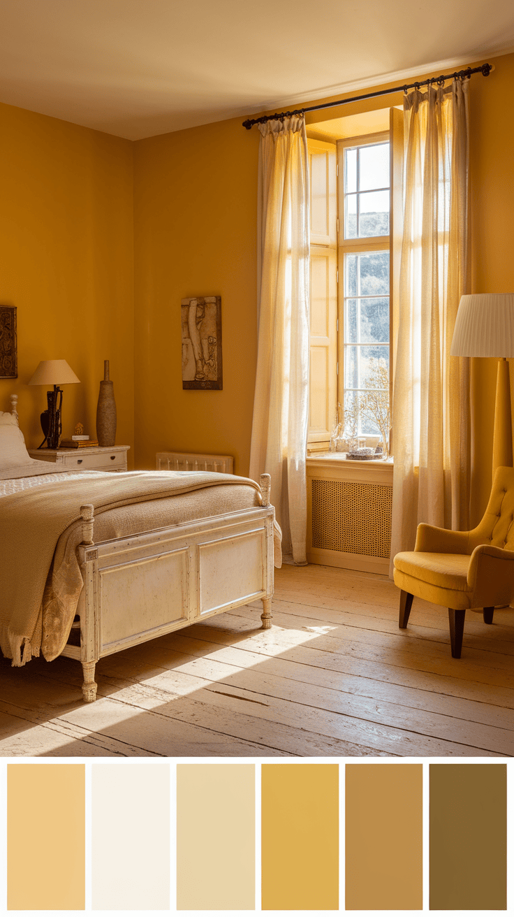 A cozy bedroom with yellow walls, yellow curtains and warm natural light.