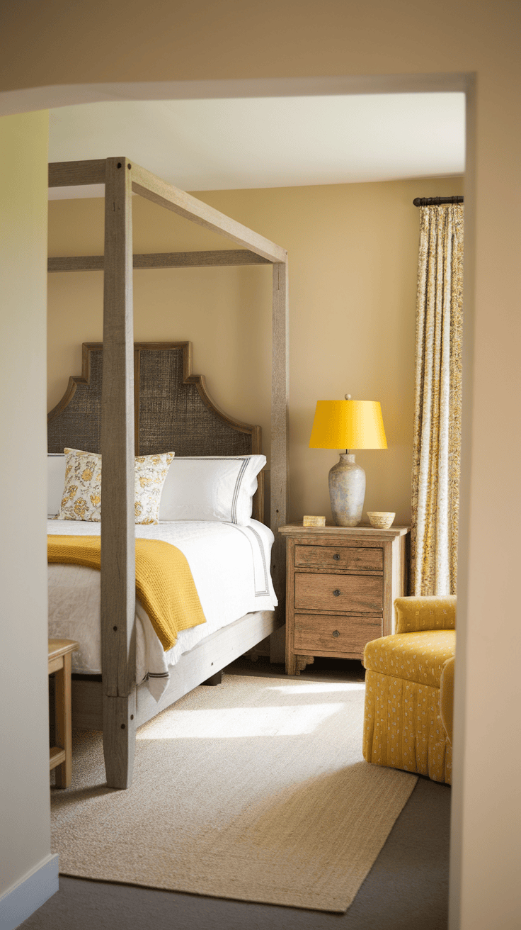 A cozy bedroom with rustic wooden furniture, including a four-shop bed, a bedside table and a soft yellow accent chair.