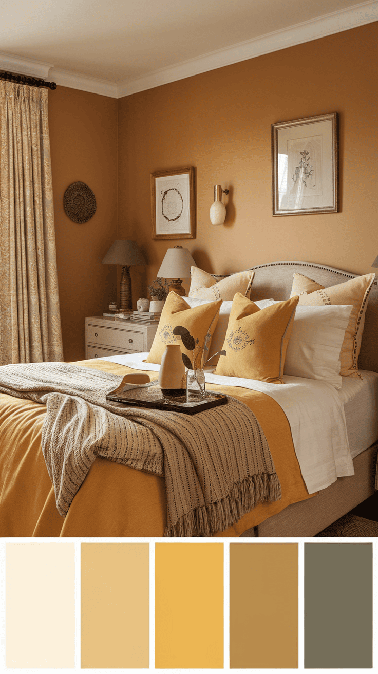 A cozy bedroom with yellow pillows and a structured throwing ceiling.