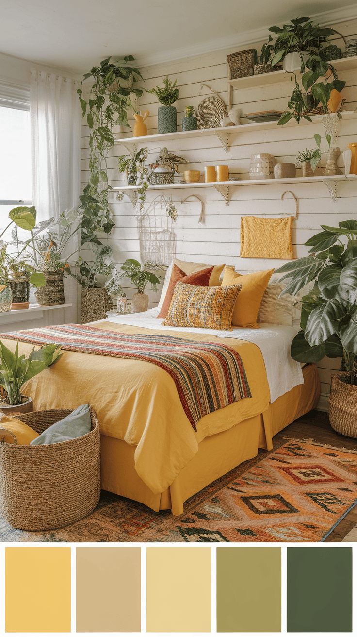 A cozy bedroom with a variety of inner plants and yellow accents.