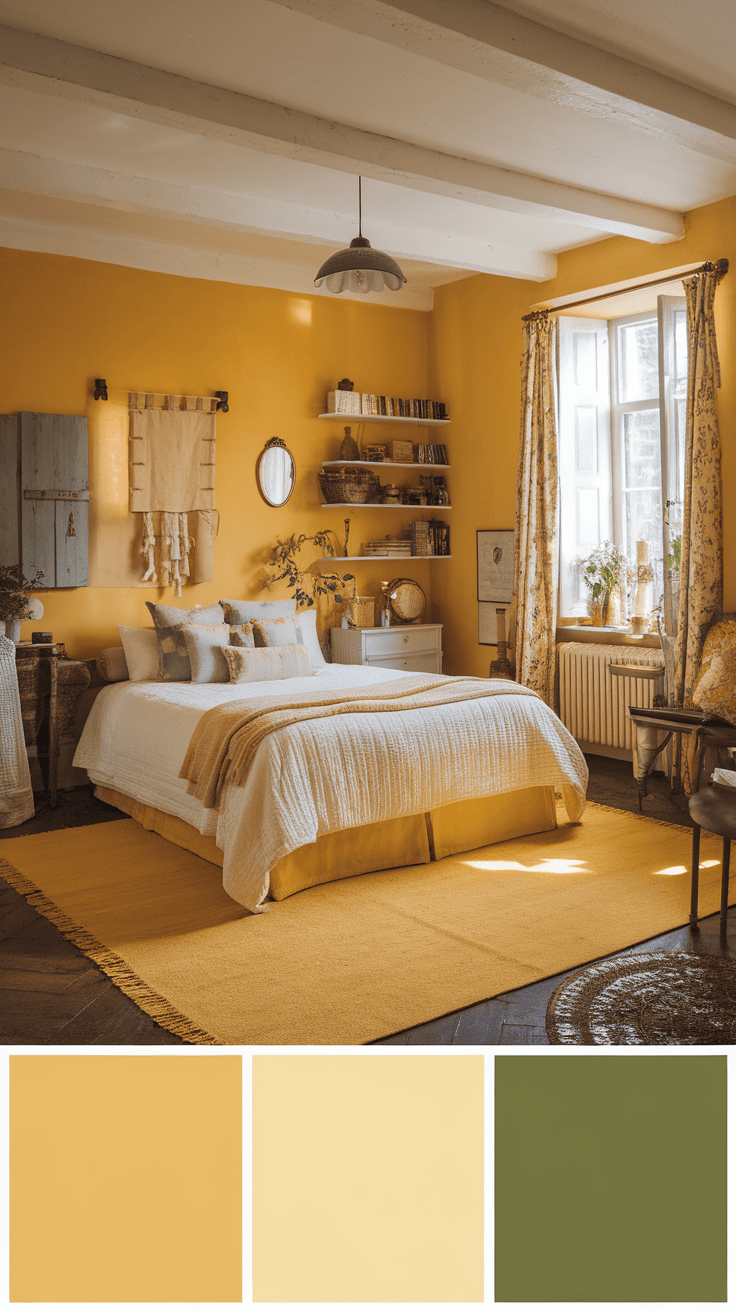 A cozy bedroom with a yellow carpet, bright yellow walls and warm decor.