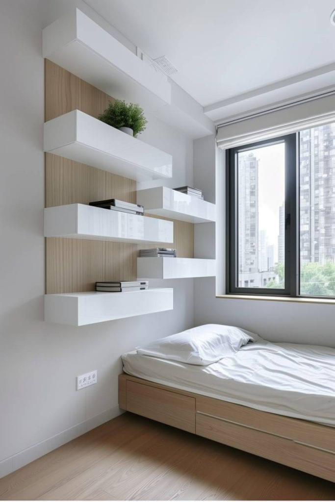 Strategically placed floating shelves paired with cleverly hidden warehouse keep this bedroom neat and visually light and make the organization effortlessly chic.